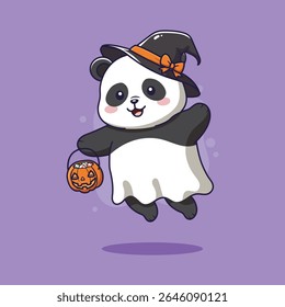 Cute panda in witch costume with pumpkin. Vector illustration.