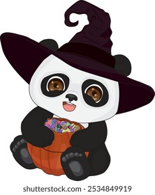 Panda bonito com chapéu de bruxa e doce bucket vetor truque ou tratar