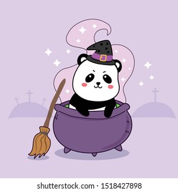 cute panda witch in magical pot cartoon hand drawn for Halloween.