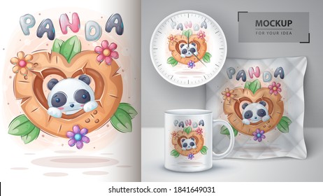 Cute panda in wood heart - poster and merchandising. Vector eps 10