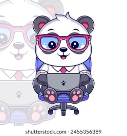 Cute panda is working in front of a laptop