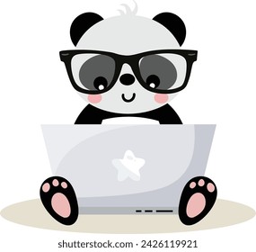 Cute panda working with laptop