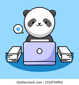 cute panda working with laptop cartoon design