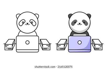 Cute panda working with laptop coloring page for kids