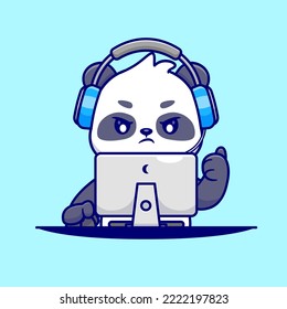 Cute Panda Working On Computer With Headphone Cartoon Vector Icon Illustration. Animal Technology Icon Concept Isolated Premium Vector. Flat Cartoon Style