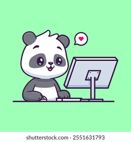 Cute Panda Working On Computer Cartoon Vector Icon 
Illustration. Animal Technology Icon Concept Isolated 
Premium Vector. Flat Cartoon Style