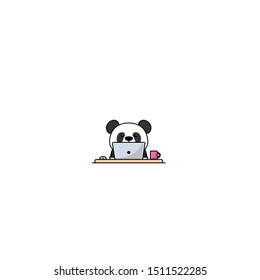 Cute panda working on a laptop, vector illustration