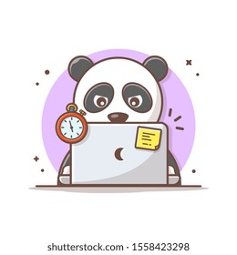Cute Panda Working on Laptop Vector Icon Illustration. Animal And Technology Icon Concept White Isolated. Flat Cartoon Style Suitable for Web Landing Page, Banner, Sticker, Background