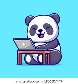 Cute Panda Working on Laptop Cartoon Vector Icon Illustration. Animal Technology Icon Concept Isolated Premium Vector. Flat Cartoon Style