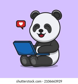 Cute panda working on laptop cartoon vector icon illustration. Animal technology icon concept isolated premium vector. flat cartoon style