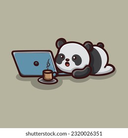 Cute Panda, die auf Laptop-Cartoon arbeitet