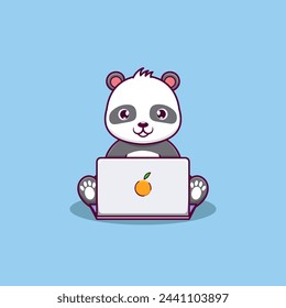 Cute Panda Working On Laptop Cartoon Vector Icon Illustration. Animal Technology Icon Concept Isolated Premium Vector. Flat Cartoon Style