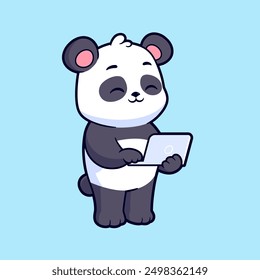 Cute Panda working on laptop cartoon vector icon illustration. Flat style animal cartoon logo mascot
