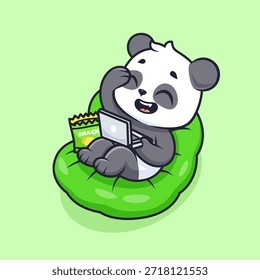 Lindo Panda Trabajando En La Ilustración De Icono De Vector De Dibujos Animados Portátil. Icono de Tecnología Animal Concepto Aislado Premium Vector. Estilo plano de la historieta