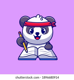 Cute Panda Writing On Book With Pencil Cartoon Vector Icon Illustration. Animal Education Icon Concept Isolated Premium Vector. Flat Cartoon Style