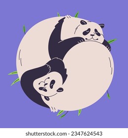 Cute panda yin yang Konzept. Hübscher asiatischer Bär schlafen, glückliche, flauschige Tiere entspannen. Müde Furry Paar, chinesische Familie ruht auf rund, lächeln und lügen, schöne Zoo-Paar. Flache einzelne Vektorgrafik