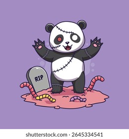 cute panda zombie cartoon in graveyard halloween vector illustration