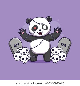 cute panda zombie cartoon in graveyard with skull halloween vector illustration