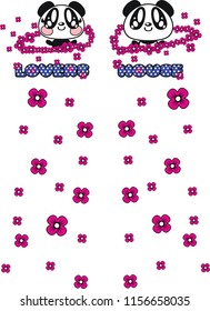 Cute pandas with around pink flowers and white spotted blue texts. Vector illustration.