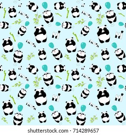 Cute pandas with balloon and bamboo on the blue background. Seamless pattern. Vector illustration