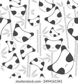 Cute pandas with bamboo branches. Black and white seamless pattern. Monochrome cartoon vector illustration. Perfect for wallpaper or fabric.