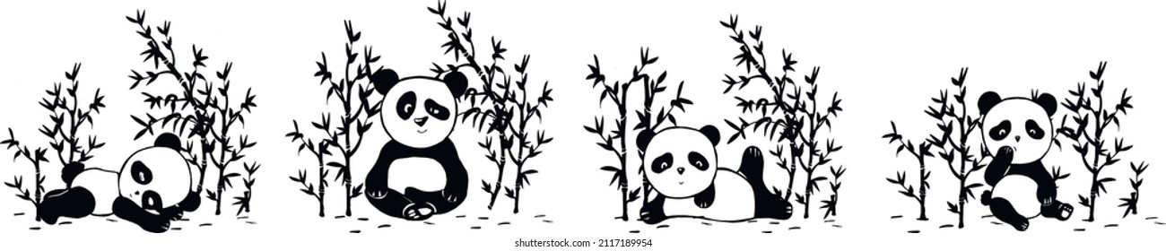 cute pandas in the bamboo grove vector silhouette. freehand drawing. Vector graphics. EPS format