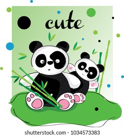 Cute Pandas bear vector with bamboo on green background. Panda vector