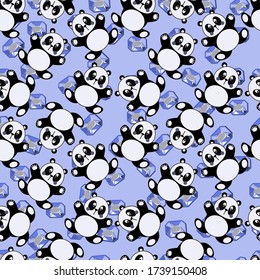 Cute Pandas And Blue Cristals Kids Pattern Seamless