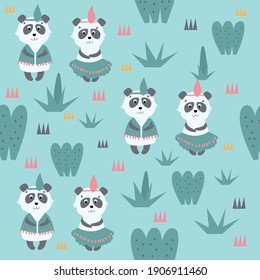 Cute pandas in boho style. Perfect pattern for baby textiles, wallpapers, notebooks and other baby products