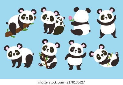 Cute pandas. Cartoon bear mascot, panda with bamboo branch and adorable animal vector illustration set. Smiling characters waving, holding flower, tree twig, sitting with baby child