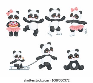 Cute Pandas in a cartoon style. Children vector illustrations set on white background.