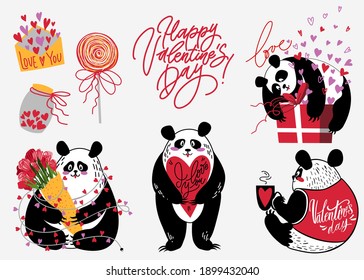 Cute pandas collection with hearts, gift box, lettering Love and bouquet in flat and hand drawn styles. Vector illustration for Valentines day, greeting cards, posters, digital and wrapping papers