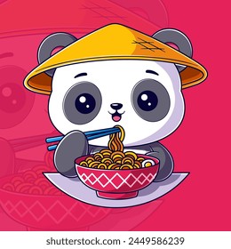 Cute pandas eat red bowl ramen