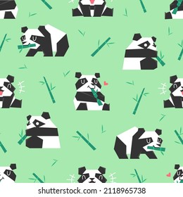 CUTE PANDAS IS EATING BAMBOO IN SOME DIFFERENT POSES FLAT SEAMLESS PATTERN. PREMIUM VECTOR. 
