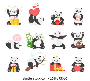 Cute pandas flat illustrations set. Kawaii asian wildlife with new year present boxes. Adorable chinese bears cartoon characters pack. Funny animals with different food isolated on white background