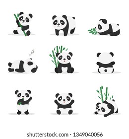 Cute pandas flat vector color illustrations set. Baby panda bear in different poses cartoon character. Sleepy and lazy animal. Asian wildlife. Rainforest, jungle mammal eating bamboo, isolated clipart