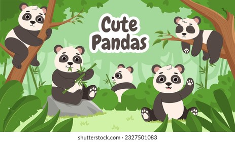 Cute pandas in forest concept. Tropical and exotic animals in rainforest. Wildlife and fauna. Biology and zoology. Beautiful natural landscape, panorama. Cartoon flat vector illustration