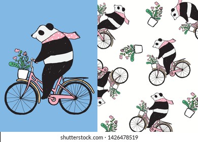 cute pandas hand drawn with editable patterns. illustrations can be used for cards, baby invitations, bags, backgrounds, wallpapers, shirts, fabrics and for digital and print media