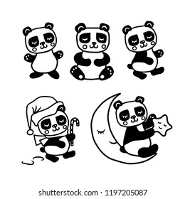 Cute pandas hand drawn set. Childish funny animals for kids clothes prints posters decoration. Vector illustration.