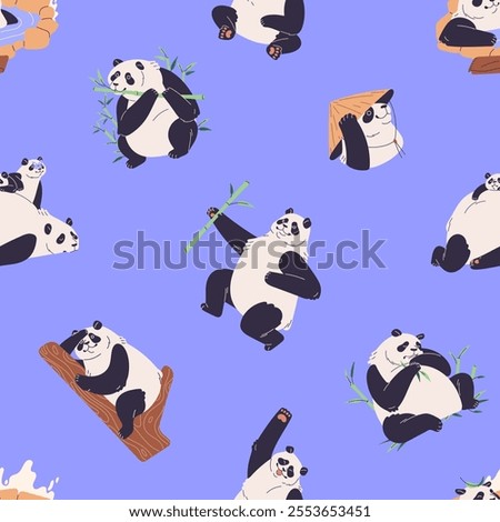 Cute pandas have fun on endless background. Repeatable pattern of funny Asian bear eating bamboo. Amusing baby animals of China lying, relax, have a rest in pond. Flat seamless vector illustration