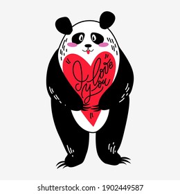 Cute pandas hipster seamless pattern with hearts, gift boxes, lettering I Love you in flat and hand drawn styles. Vector illustration for Valentines day