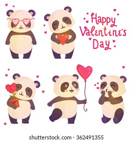 Cute pandas illustration for design greeting card for valentine's day. Lettering happy valentines day. 