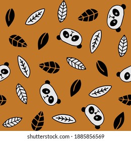 Cute pandas and leaves seamless pattern background. Great for woodland, animal, or nature design projects; wallpaper, background, scrapbook paper, gift wrap, and fabric.