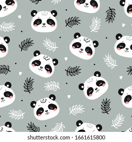 Cute Pandas. Little Baby Panda Bear Face and Tropical Leaves Floral Seamless Pattern. Black and White Chinese or Bamboo Bear Face. Kawaii Animal Heads Vector Childish Background for Kids Fashion