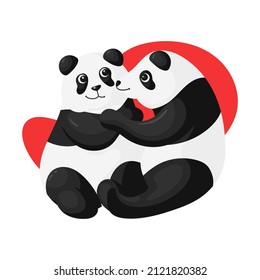 Cute pandas in love are sitting. One panda kisses another. Vector illustration in cartoon style isolated on white background