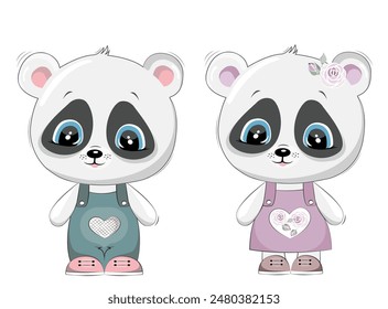 Cute pandas.  Panda girl and panda boy. Vector image of animals. Drawn cartoon characters.