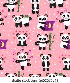 Padrão de pandas bonito em um fundo rosa claro.