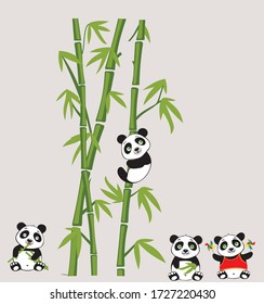 Cute pandas playing around a bamboo tree, vector illustration