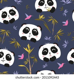 Cute panda`s seamless pattern with bamboo and hummingbirds. Childich set of chinese bears characters. Design for wrapping paper, gifr, fabric, textile, wallpaper, background. Whildlife funny animals. 