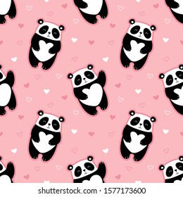 Cute pandas seamless pattern, hearts, valentines day. Print for textile, fabric, wallpaper, paper. Vector illustration for children.